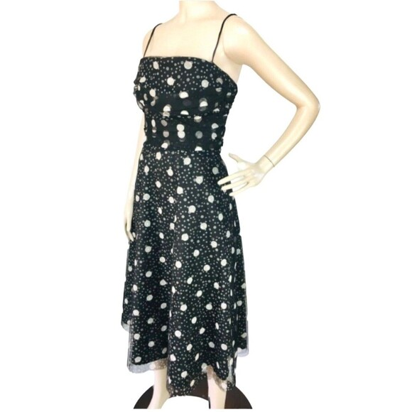 Vintage 90s Jessica Howard Blk/Wht Polka Dot Tulle Fit & Flare Midi Swing Dress - Picture 1 of 6